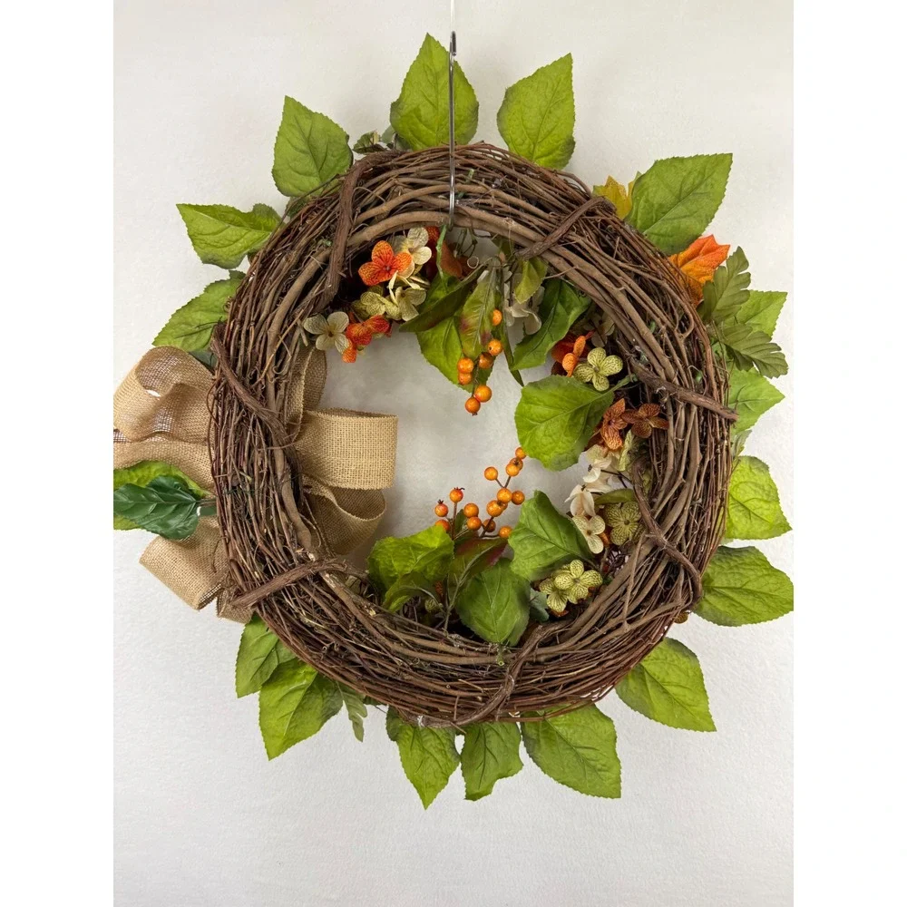 Fall Grapevine Wreath Orange Hydrangea Burlap Bow Autumn Decor 22in
